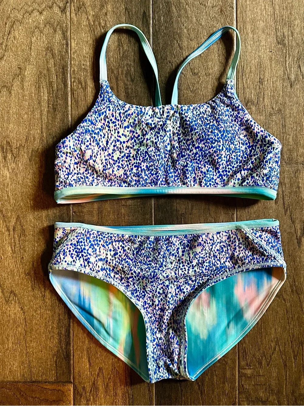 Athleta Aqua and Pink Reversible Tie-Dye Girls' Two-Piece Swim Bikini. Size XL